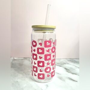 Pink Heart Patterned Tumbler with Straw